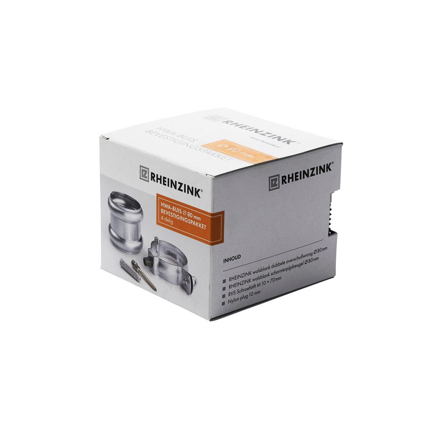 Zinken HWA-buis bevestigingspakket 80mm (dubb. overschuifwrong, beugel, RVS schroefstift en muurplug) Rheinzink