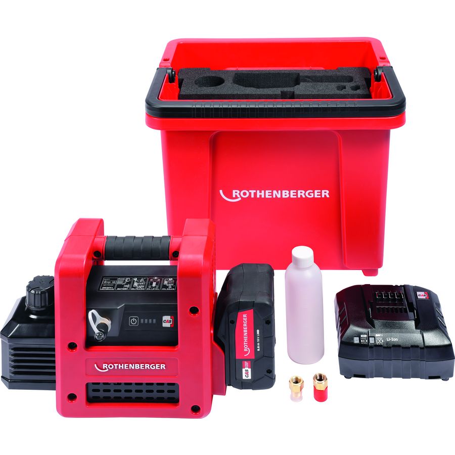 Vacuumpomp 2-traps ROAIRVAC R32 2.0 18V + accu/lader/bucket ROTHENBERGER