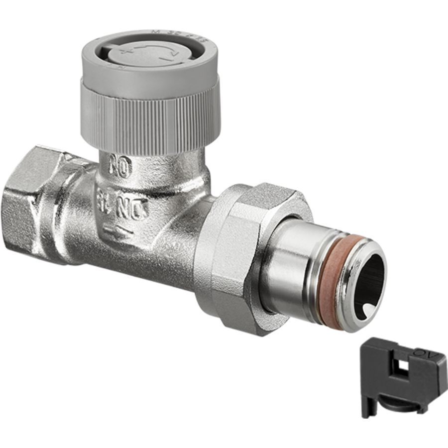 Afsluiter thermostatisch dynamisch AQ recht 1/2" met vuilfilter + zelfdichtend staartstuk VVE=10 Oventrop