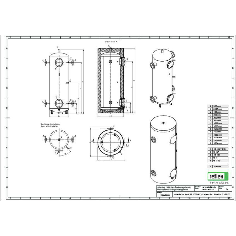Buffervat CV 1000ltr. geisoleerd 4x flens DN125 PN16 Reflex