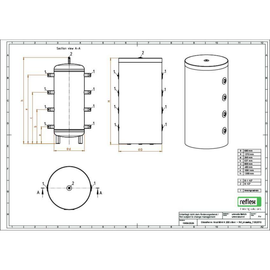 Buffervat STORATHERM HEAT MINI-H-200 3bar 200ltr. zilver tbv (hybride)warmtepomp Reflex