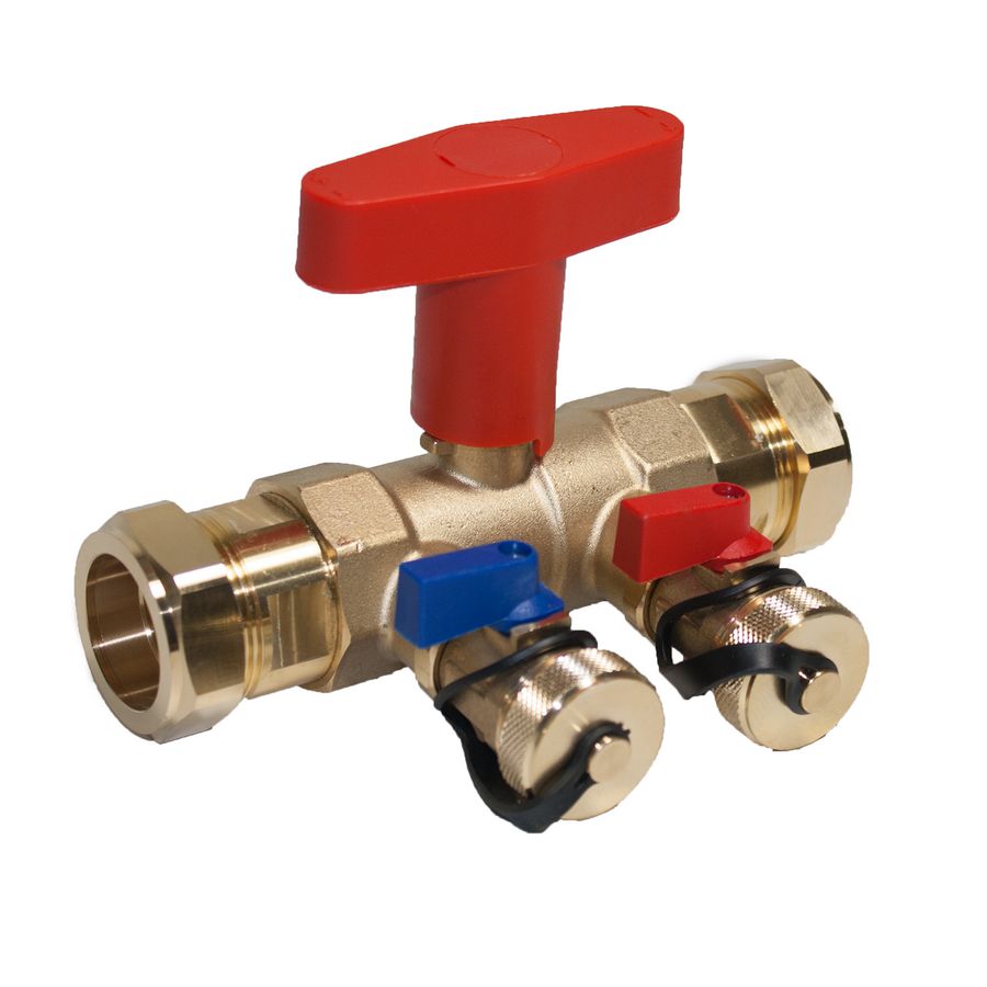Spoel- en vul/aftapkraan solar/geothermie 28mm knel + 2x aansluiting 3/4" met stop (kleine blauwe hendel) Protherm
