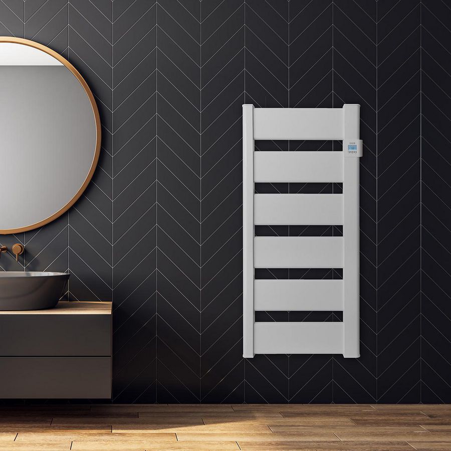 Elektr. aluminium badkamerradiator VERA 1085x531mm 750W wit RAL9010 met verlichte thermostaat MASTERWATT