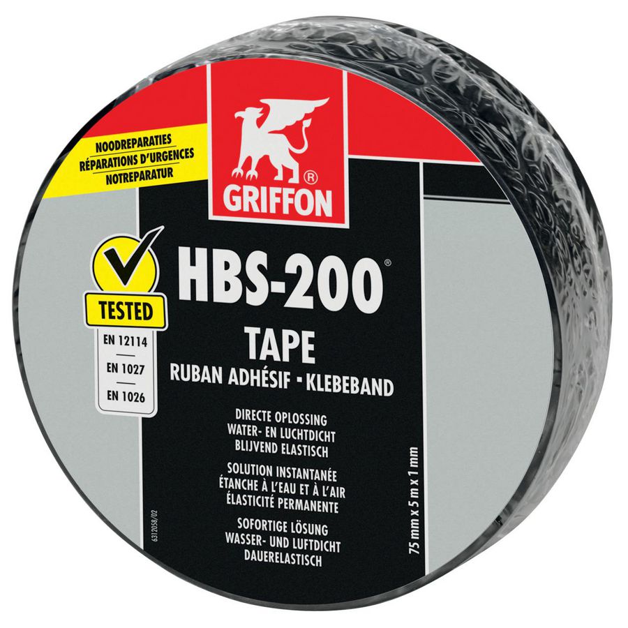 Rol a 5mtr. reparatietape HBS-200 zwart 75mm direct water- en luchtafdichtend Griffon