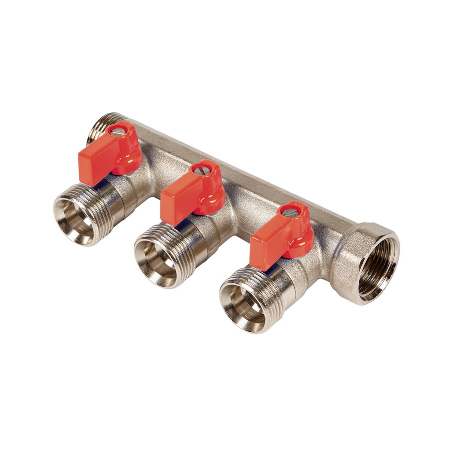 Verdeler 3/4" met 4 uitgangen euroconus incl. kogelkranen rood Henco