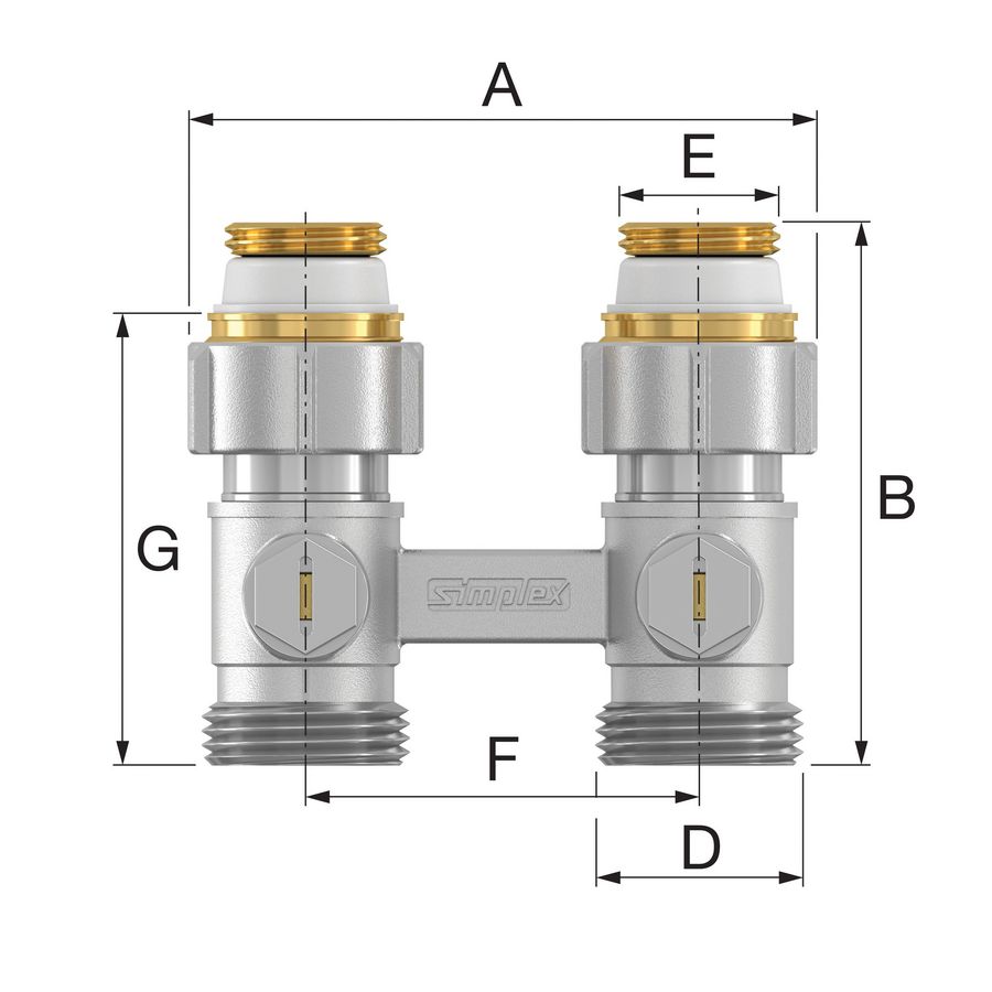 H-onderblok 2-pijps, recht MM G1/2x3/4 EK Ni Simplex Flamco
