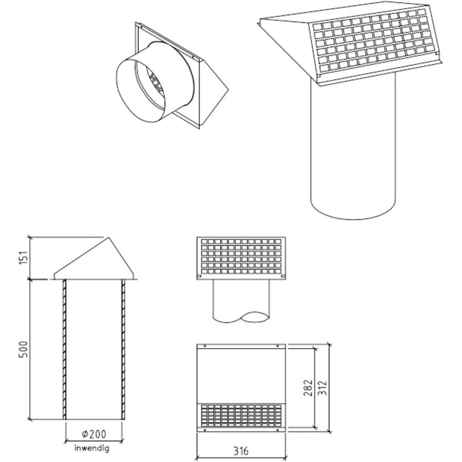 Geveldoorvoer geisoleerd Ø200mm Thermoduct 9mm Econox