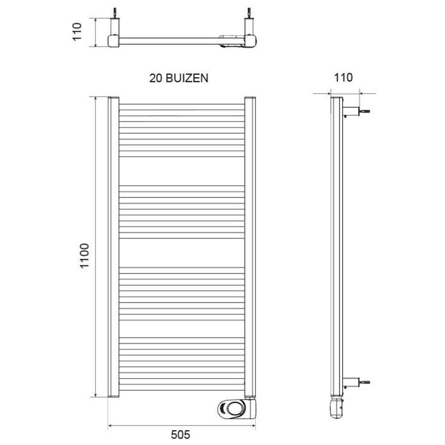 Elektr. badkamerradiator NOXX vloeistofvrij 1100x505mm 750W wit RAL9010 m/ onverlichte thermostaat DRL