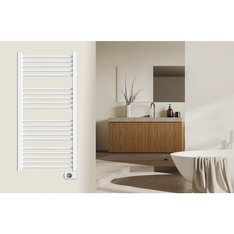 Elektr. badkamerradiator NOXX vloeistofvrij 1100x505mm 750W wit RAL9010 m/ onverlichte thermostaat DRL