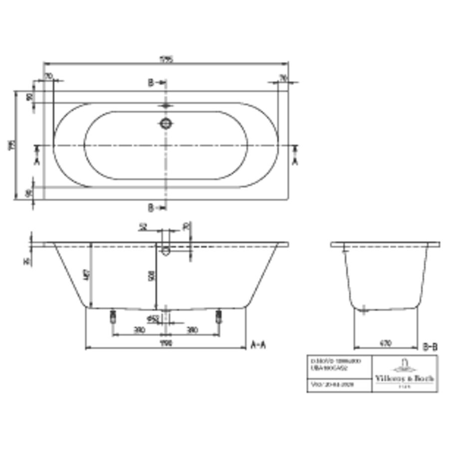 O.novo ligbad 180x80cm wit acryl excl. poten Villeroy & Boch