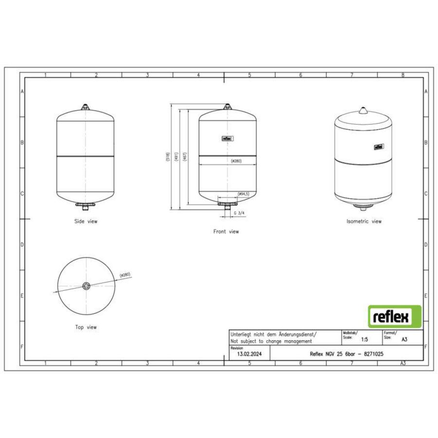 Expansievat NGV 25ltr. grijs voordruk 1,5bar aansluiting 3/4" max. 6bar Reflex