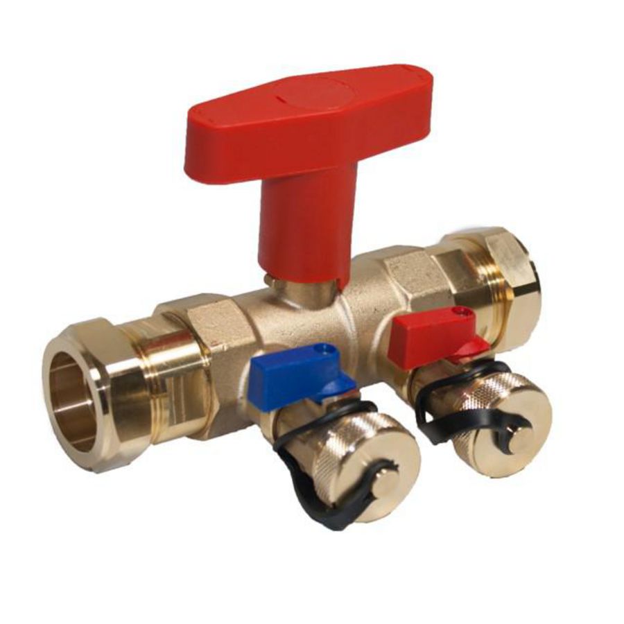Spoel- en vul/aftapkraan solar/geothermie 28mm knel + 2x aansluiting 3/4" met stop (kleine blauwe hendel) Protherm
