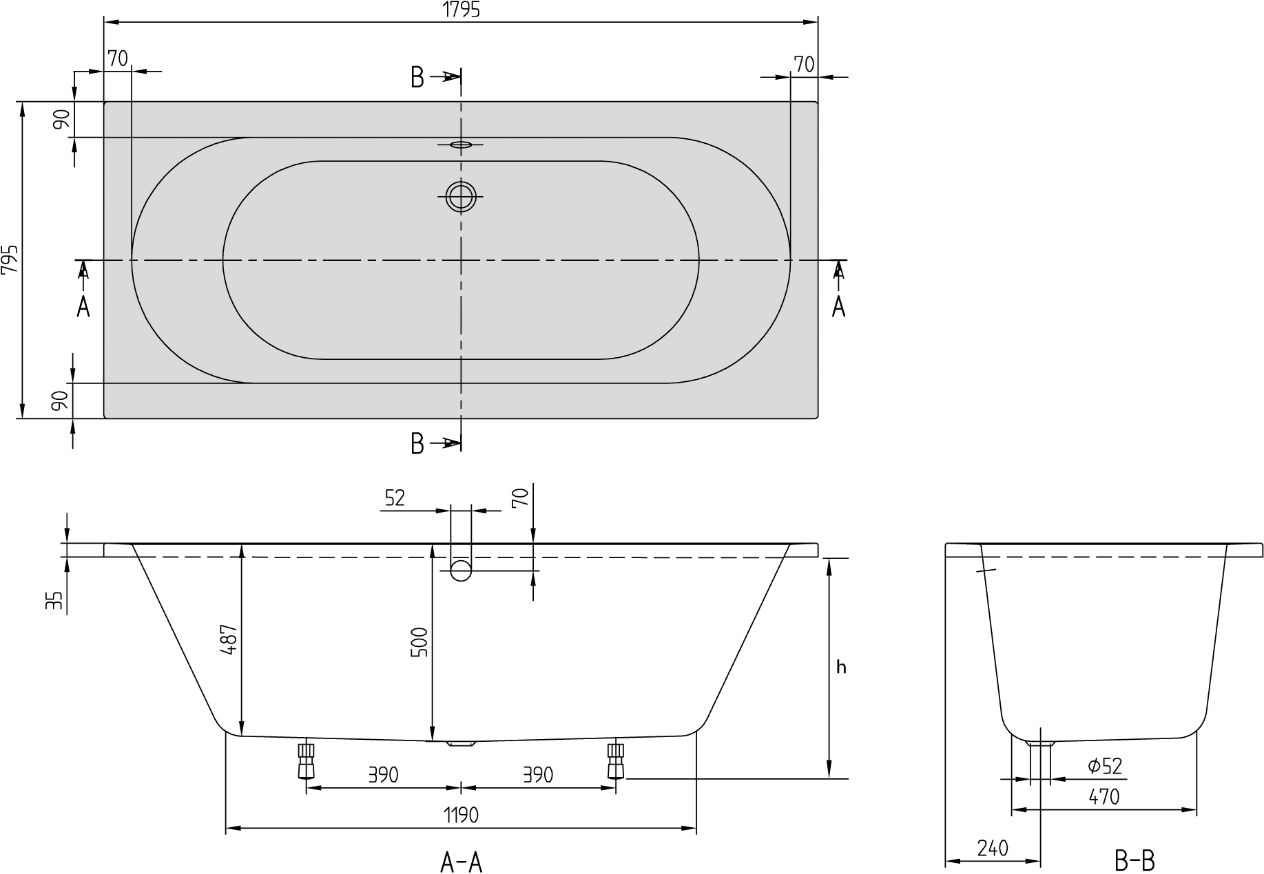 O.novo ligbad 180x80cm wit acryl excl. poten Villeroy & Boch