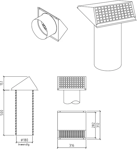 Geveldoorvoer geisoleerd Ø180mm Thermoduct 9mm Econox