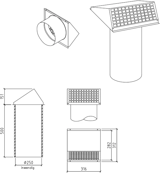 Geveldoorvoer geisoleerd Ø250mm Thermoduct 9mm Econox