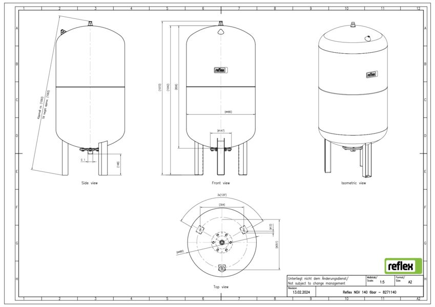 Expansievat NGV 140ltr. grijs voordruk 1,5bar aansluiting 1" max. 6bar staand model Reflex