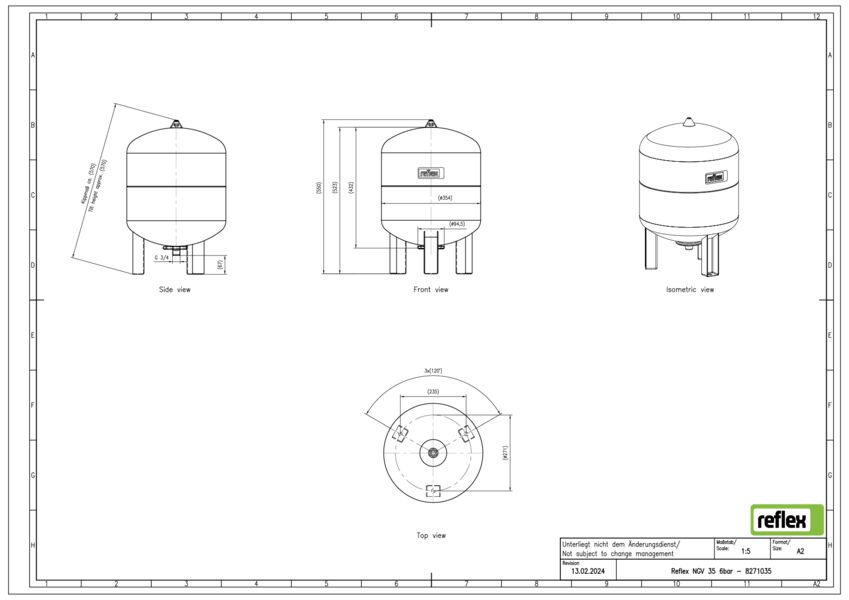 Expansievat NGV 35ltr. grijs voordruk 1,5bar aansluiting 3/4" max. 6bar staand model Reflex