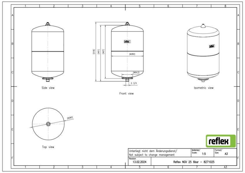 Expansievat NGV 25ltr. grijs voordruk 1,5bar aansluiting 3/4" max. 6bar Reflex