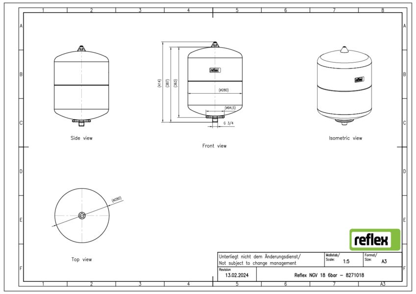 Expansievat NGV 18ltr. grijs voordruk 1,5bar aansluiting 3/4" max. 6bar Reflex